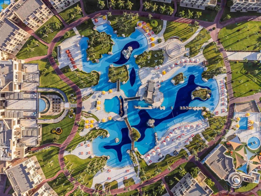 Aerial view of the lagoon-style pools at Rixos Premium Seagate, Nabq Bay, Sharm El-Sheikh